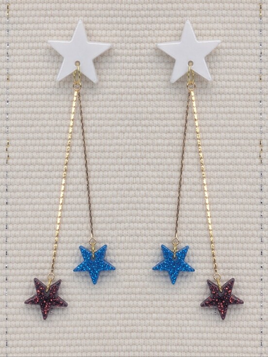 Hand Crafted Jewelry - Patriotic Star 18KGP Gold Chain Earrings Red White Blue Acrylic 4th of July
